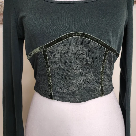 Forest Green Fairycore Bell Sleeve Velvet Trim Cropped Top Medium Whimsigoth - Picture 6 of 12